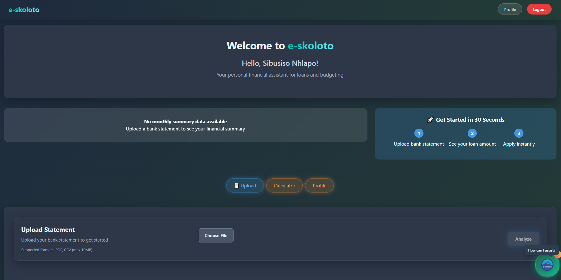 User dashboard showing AI assistant integration and financial overview